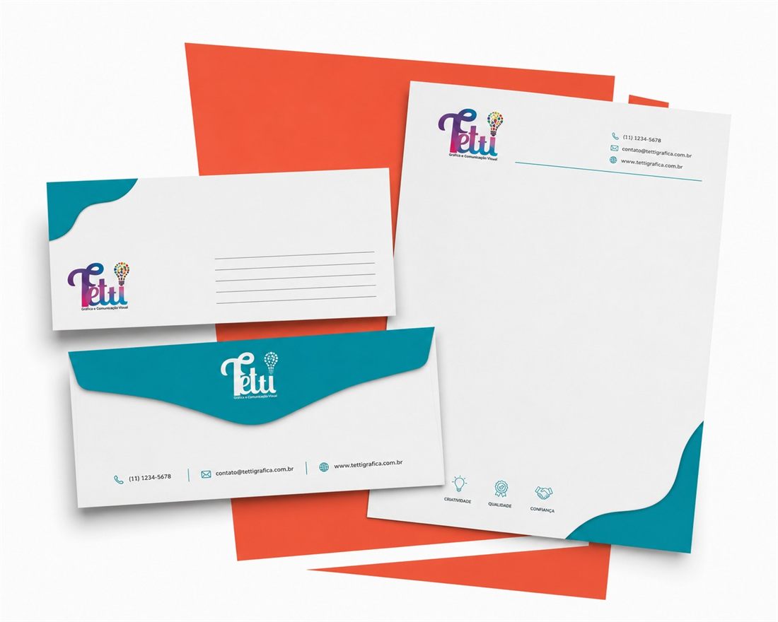 Papelaria personalizada da Tetti Gráfica: envelope e papel timbrado